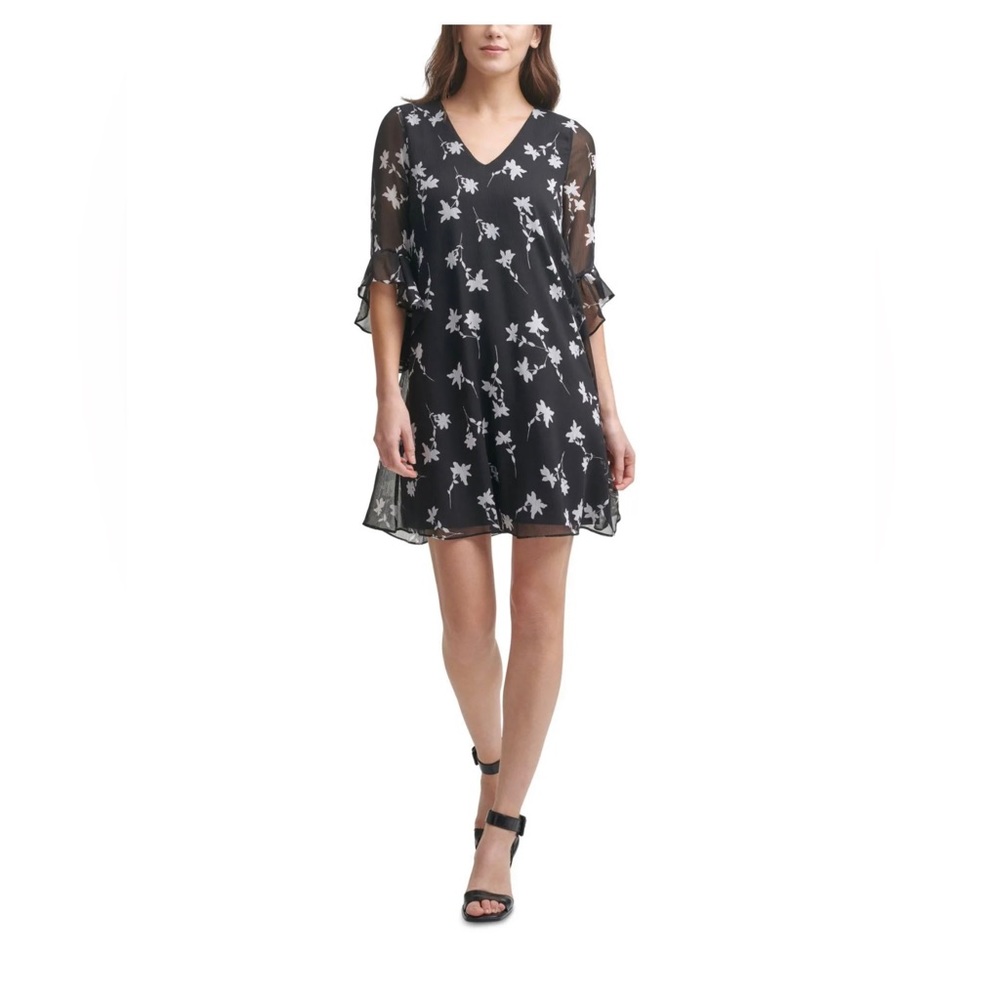 Calvin Klein Womens Black Ruffled Lined Floral 3/4 Sleeve V Neck Dress